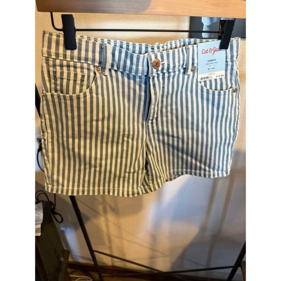 Girls Mid-Rise Wide Striped Jean Shorts - Cat & Jack™ Blue/White XL - Picture 1 of 3